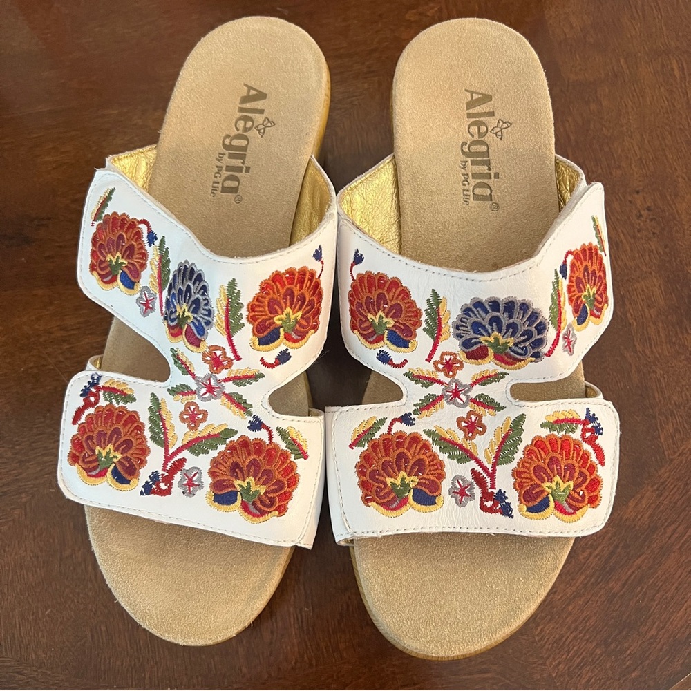 Alegria Linn needles and pins Embroidered Floral Sandals White Leather Size 10 - Picture 3 of 8